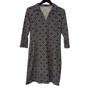 J McLaughlin Heavy Collared Sheath Dress Womens Medium Blue Geometric Print
